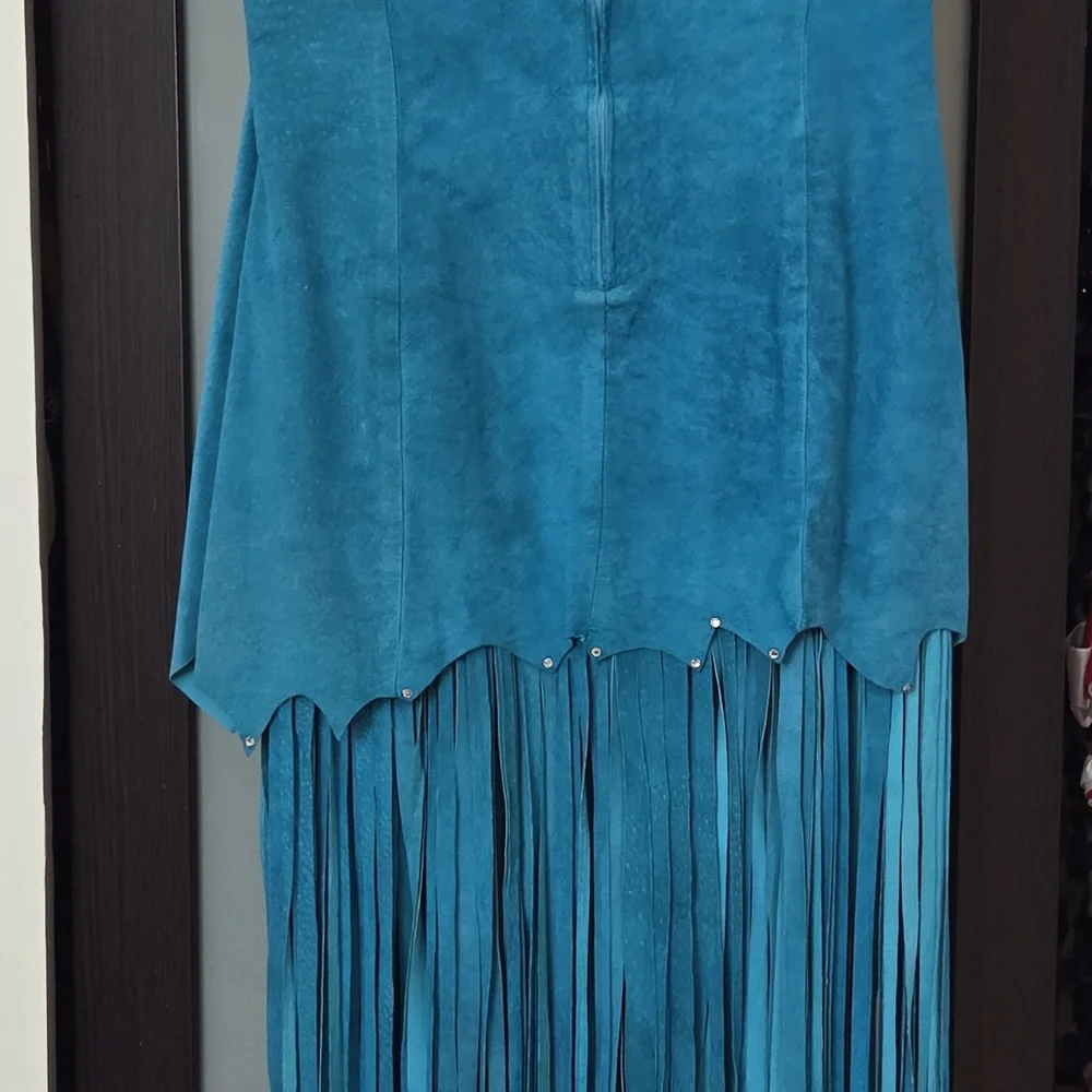 Chic Asymmetrical Teal Fringe Dress - Picture 7 of 9
